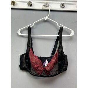 Adore Me Bra Womens 38DDD Black Red Lace Mesh Underwire Balconette 3 Hook Back